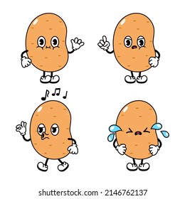 Funny happy potato characters bundle set. Vector hand drawn doodle style traditional cartoon vintage, retro character illustration icon design. Isolated white background. Cute potato mascot character