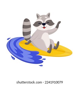 Funny happy raccoon surfing, enjoying outdoor activity. Cute animal character on surfboard cartoon illustration. Summer, extreme water sport concept