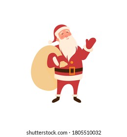 Funny happy Santa Claus with bag, waving and greeting,isolated on white background.Character for postcard, banner, labels Concept new year and merry christmas holiday.Cartoon vector illustration.