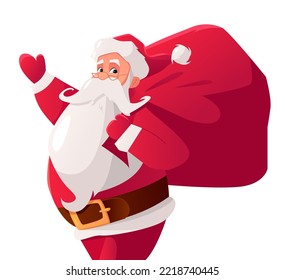 Funny happy Santa Claus with a bag isolated on a white background. Festive Cartoon Character in Winter Season. Vector cute Illustration. For Christmas and New Year posters, gift tags and labels.