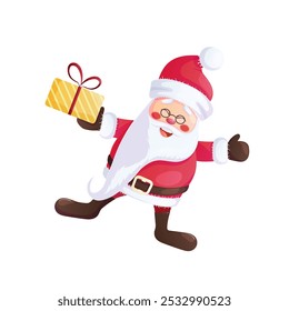 Funny happy Santa Claus with a box gift Design of a Christmas card, banner, flyer with cartoon vector illustration