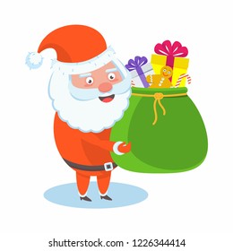 Funny happy Santa Claus character holding a bag with gifts. Celebration of Merry Christmas and New Year. For Holiday Greeting cards, banners, tags and labels.