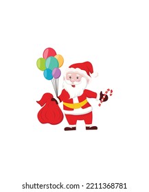  Funny happy Santa Claus character with gift, bag with presents, waving and greeting vector isolated on white background. Perfect for coloring book, textiles, icon, web, painting, books, t-shirt print