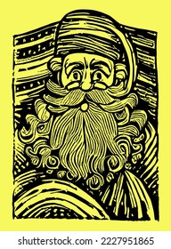 Funny happy Santa Claus character with gift, bag with presents, waving and greeting. For Christmas cards, banners, tags and labels.