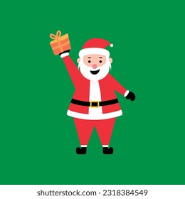 Funny happy Santa Claus character with gift, waving and greeting. For Christmas cards, banners, tags and labels.
