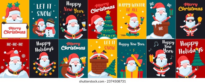 Funny happy Santa Claus character with gift, bag with presents, for Christmas cards, banners