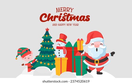 Funny happy Santa Claus character with gift, bag with presents, for Christmas cards, banners