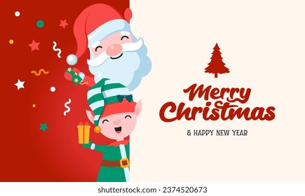 Funny happy Santa Claus character with gift, bag with presents, for Christmas cards, banners