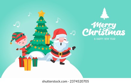Funny happy Santa Claus character with gift, bag with presents, for Christmas cards, banners
