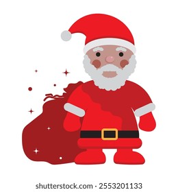 Funny happy Santa Claus character with gift, bag with presents, waving and greeting. For Christmas cards, banners, tags and labels.