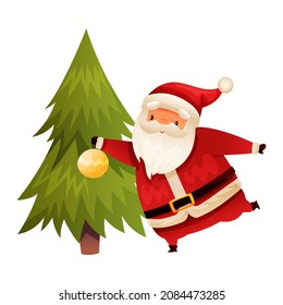 Funny happy Santa Claus decorating fir tree. Christmas card, banner, flyer design cartoon vector illustration