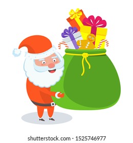 Funny happy Santa Claus holding a huge bag with gifts. Celebration of Merry Christmas and New Year. Character For Holiday Greeting cards, banners, tags and labels.