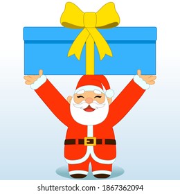 Funny happy Santa Claus holding a big gift box isolated on white. Christmas vector illustration for Christmas cards, banners, tags and labels.