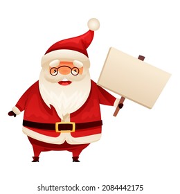 Funny happy Santa Claus holding blank signboard. Christmas card, banner, flyer design cartoon vector illustration
