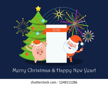 Funny happy Santa Claus and pig character with blank sheet for congratulatory text. Celebration of Merry Christmas and New Year. Greeting card template. Vector flat cartoon illustration.