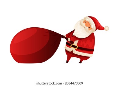 Funny happy Santa Claus pulling bag of gifts. Christmas card, banner, flyer design cartoon vector illustration