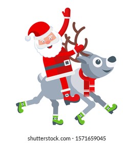 Funny happy Santa Claus riding a deer. Celebration of Merry Christmas and New Year. For Holiday Greeting cards, banners, tags and labels.