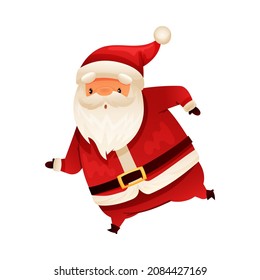 Funny happy Santa Claus running hurriedly. Christmas card, banner, flyer design cartoon vector illustration