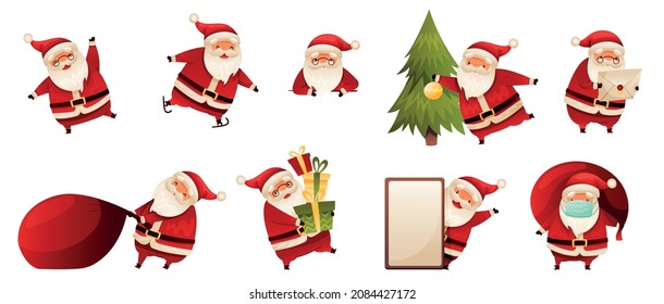 Funny happy Santa Claus set. Christmas card, banner, flyer design cartoon vector illustration