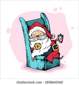 Der sonnige, glückliche Weihnachtsmann sitzt im Stuhl mit Donut und Kakao. Cartoon Weihnachtsillustrationen einzeln auf Weiß. Für Weihnachtskarten, Banner, Tags und Etiketten.