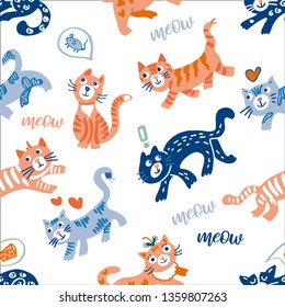 Funny happy seamless pattern with cats and  lady cats. Lettering Meow. Great print for fabric, baby clothes. Orange and blue kitten on a white background.