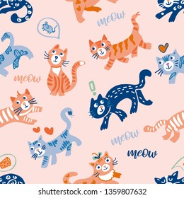 Funny happy seamless pattern with cats and  lady cats. Lettering Meow. Great print for fabric, baby clothes. Orange and blue kitten on a pink background.