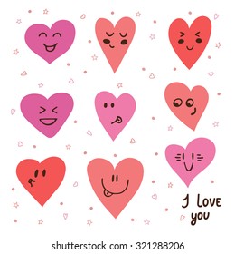 Funny happy smiley hearts. Cute cartoon characters. Bright vector set of heart icons. Vector illustration