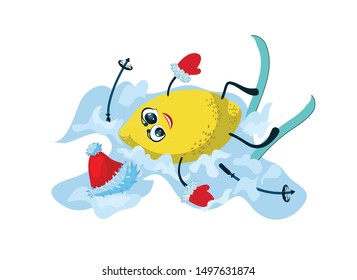 Funny happy smiling lemon in a Santa Claus hat skiing  fell into a snowdrift. Concept: Tropical fruits celebrate New Year, Christmas. Cartoon character kawaii vector illustration flat icon. Isolated