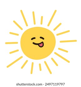 Funny happy smiling sun, flat simple vector illustration. Cute summer sunshine emoji, doodle style icon 