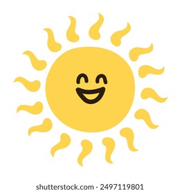 Sol sonriente feliz divertido, Ilustración vectorial simple plana. Emoji lindo del sol del verano, icono del estilo del doodle 