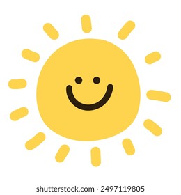 Funny happy smiling sun, flat simple vector illustration. Cute summer sunshine emoji, doodle style icon 