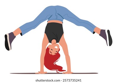 Funny happy smiling woman trendy fashion teenager cartoon character performing handstand gymnastic element vector illustration. Comic teen female athlete standing upside down balancing on hands