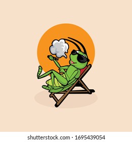 funny and happy smoking grasshopper cartoon sit on chair