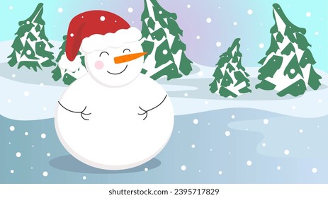 Funny happy snowman on bright winter background. Cartoon frost lake and forest christmas landscape