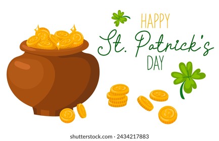 Funny Happy St. Patrick's Day inscriptions and a cauldron with leprechaun coins for posters, flyers, postcards, invitations, stickers, banners, gifts. Vector illustration modern Irishman. Rectangle