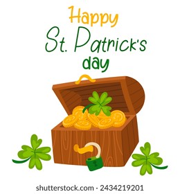 Funny Happy St. Patrick's Day inscriptions and a chest with leprechaun coins for posters, flyers, postcards, invitations, stickers, banners, gifts. Vector illustration of a modern Irishman. Square