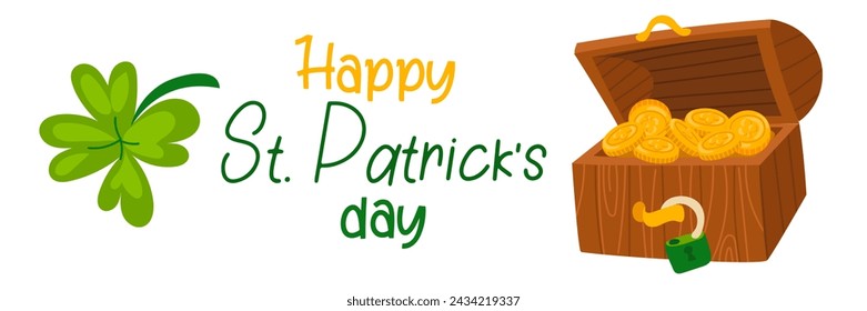 Funny Happy St. Patrick's Day inscriptions and a chest with leprechaun coins for posters, flyers, postcards, invitations, stickers, banners, gifts. Vector illustration of a modern Irishman. Horizontal