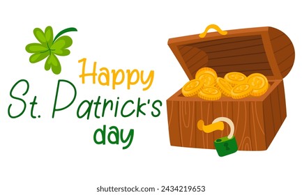 Funny Happy St. Patrick's Day inscriptions and a chest with leprechaun coins for posters, flyers, postcards, invitations, stickers, banners, gifts. Vector illustration of a modern Irishman. Rectangle