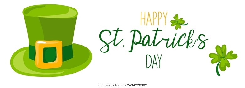 Funny Happy St. Patrick's Day inscriptions and a green leprechaun hat for posters, flyers, postcards, invitations, stickers, banners, gifts. Vector illustration of a modern Irishman. horizontal