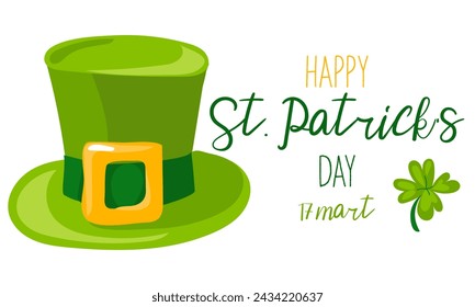 Funny Happy St. Patrick's Day inscriptions and a green leprechaun hat for posters, flyers, postcards, invitations, stickers, banners, gifts. Vector illustration of a modern Irishman. Rectangle