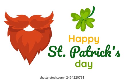 Funny Happy St. Patrick's Day inscriptions and a red leprechaun beard for posters, flyers, postcards, invitations, stickers, banners, gifts. Vector illustration of a modern Irishman. Rectangle