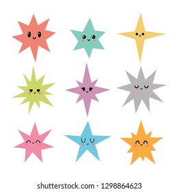 Funny happy stars in kawaii style. Cute cartoon characters for kids. Hand drawn stars with different emotions. Vector illustration