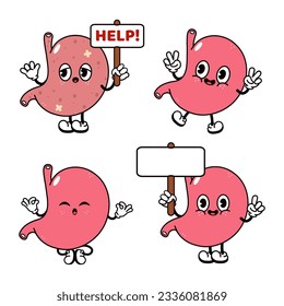 Divertido juego de manojos de personajes de estómago feliz. Estilo de doodle dibujado a mano vectorial tradicional caricatura vintage retro diseño de icono de ilustración. Fondo blanco aislado. Carácter de mascota de estómago corto