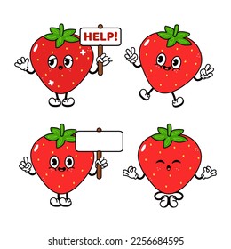 Divertido juego de paquetes de personajes de fresa feliz. Estilo de doodle dibujado a mano vintage tradicional de dibujos animados, diseño de icono de ilustración de carácter retro. Caracter de mascota de fresa suave