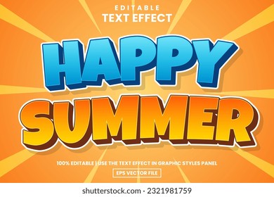 Gracioso estilo de texto de dibujos animados de verano feliz, plantilla de efectos de texto editable con fondo de explosión solar