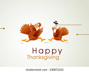 Funny Happy Thanksgiving Day Celebrations Concept With Cute Turkey Birds Running In Fear On Shiny Grey Background.