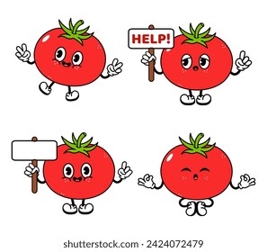 Funny happy Tomato characters bundle set. Vector hand drawn doodle style traditional cartoon vintage, retro character illustration icon design. Cute Tomato mascot character