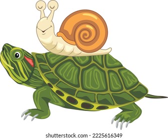 Funny happy turtle and snail. Vector