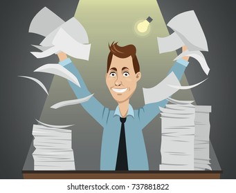 Funny happy vector cartoon character - office worker sitting behind the table with a lot of paperwork 