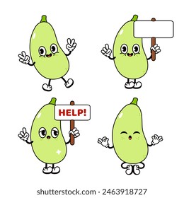 Funny happy Vegetable marrow characters bundle set. Vector hand drawn doodle traditional cartoon vintage, retro character illustration. Isolated white background. Vegetable marrow mascot character